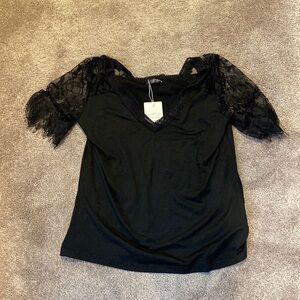 Camisa Black Lace Puff Sleeve V Neck Blouse Sheer Sleeve Dressy Top SIZE M